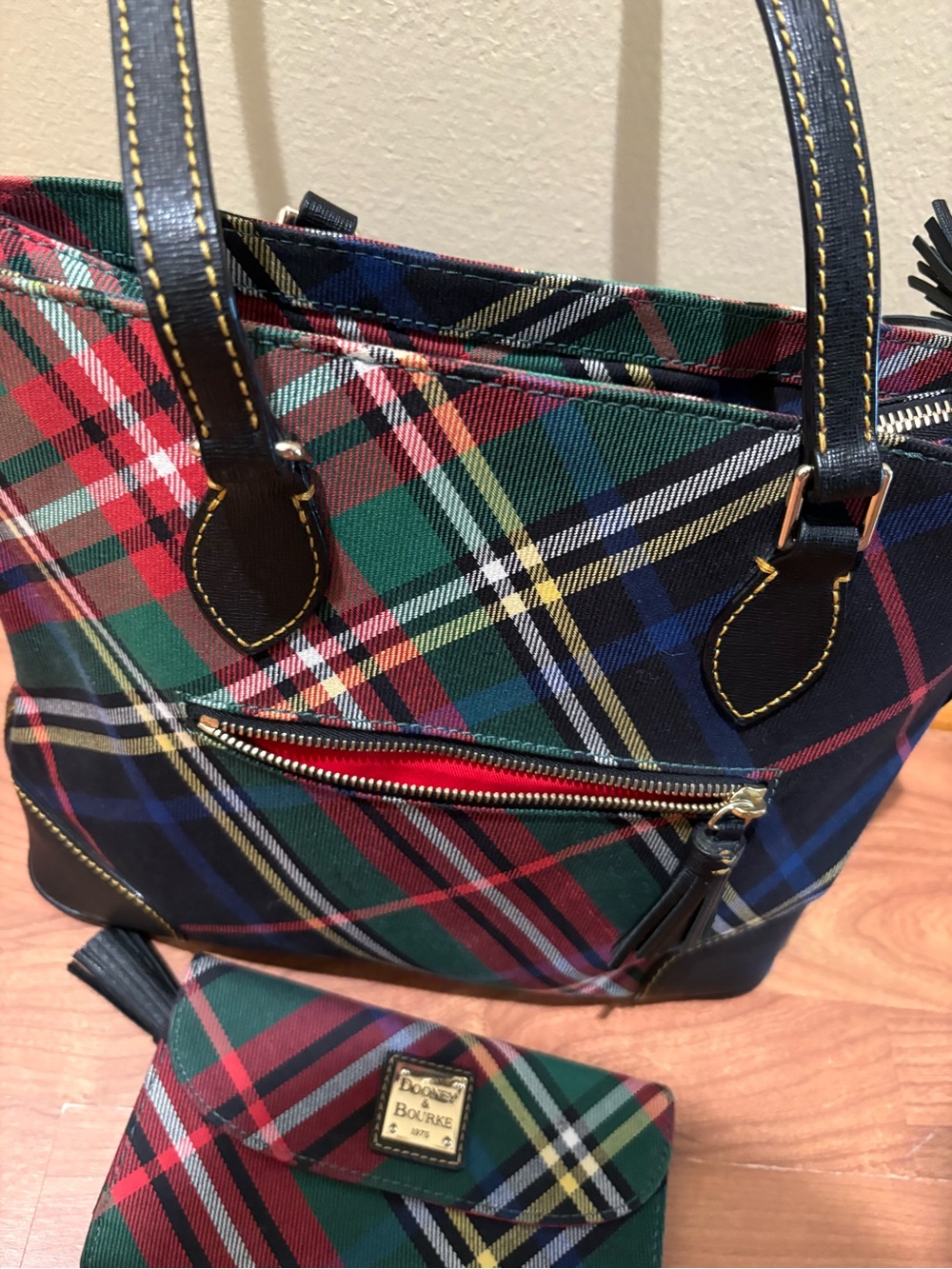 Dooney & Bourke Green Red Blue Plaid Tote with Matching Wallet - Picture 3 of 8